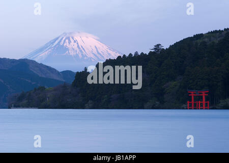 Ashi Lake, at back Mount Fuji at sunrise, Japan Stock Photo