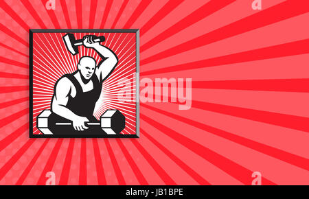 Business card template showing illustration of a blacksmith with hammer forging striking a barbell set inside Stock Photo