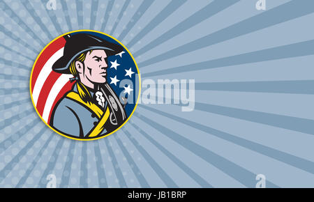 Business card template showing illustration of an American patriot minuteman revolutionary soldier with musket rifle and stars and stripes flag set inside circle done in retro style. Stock Photo