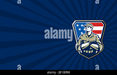 Business card template illustration of an American soldier military serviceman looking up with arms folded facing front with USA stars and stripes flag in background set inside crest shield. Stock Photo