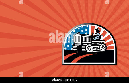 Business card template showing illustration of a farmer plowing the field with his vintage tractor done in retro style with American stars and stripes flag. Stock Photo