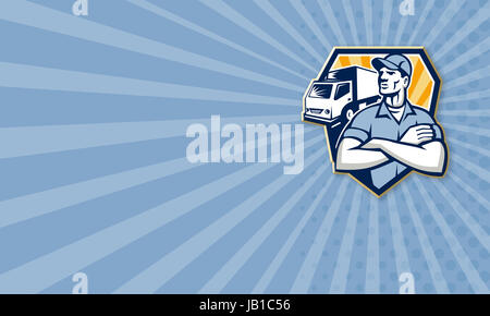 Business card template illustration of a removal man delivery guy with moving truck van in the background set inside half circle done in retro style. Stock Photo