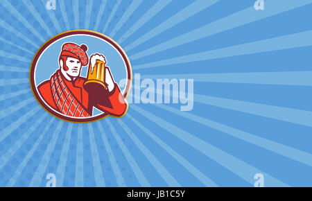 Business card template illustration of a Scotsman Scottish beer drinker raising beer mug drinking looking up wearing tartan and beret hat set inside oval done in retro style. Stock Photo