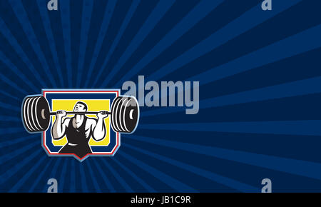 Business card template showing illustration of a weightlifter lifting weights heavy barbell viewed from front set inside crest shield done in retro style. Stock Photo