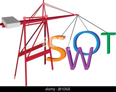 Crane Lifting Word "SWOT" A Structured Planning Method for Evaluate Strengths, Weaknesses, Opportunities and Threats Involved in Business Project. A F Stock Vector