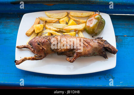 grilled guinea pig dish in the peruvian Andes at Cuzco Peru Stock Photo