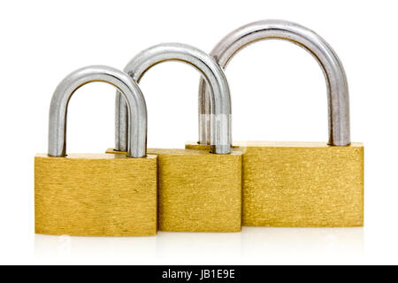 Three padlocks of different size in a row on white background Stock Photo