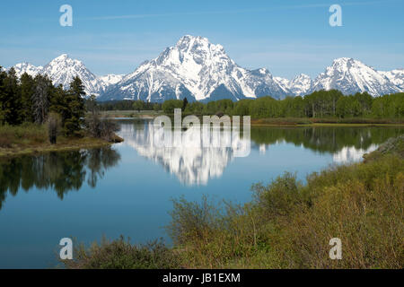 Mount Moran, in the Teton Range, as seen from the Oxbow Bend on the Snake River in Grand Teton National Park Wyoming USA Stock Photo
