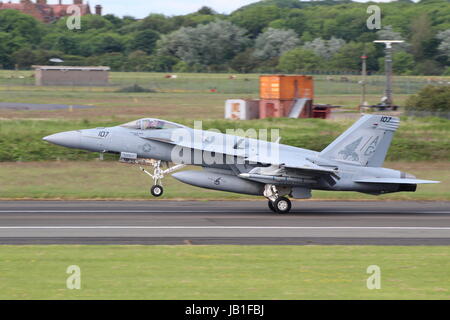 168907, a Boeing F/A-18E Super Hornet, operated by VFA-143 'Pukin Dogs' of the United States Navy, arriving at Prestwick Airport in Ayrshire. Stock Photo