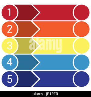 Template Infographic, the numbered colourful horizontal strips, arrows, points, area for text five positions. Stock Photo