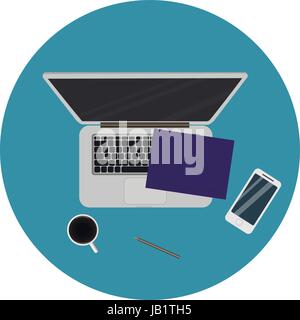 Laptop and office supplies laying on the board, top view Stock Vector