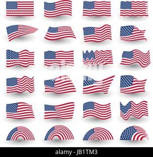 Independence day flag set of united states american symbol wavy shape. july fourth vector logo, illustration Stock Vector