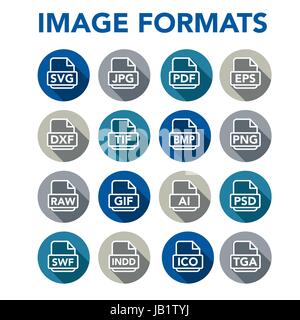 Icons to show different image formats, including JPG, SVG, EPS, DXF, etc Stock Vector