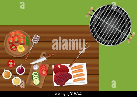 Top view of a part of wooden desk with food and accessories needed for grill. All on the green lawn in the background. Stock Vector
