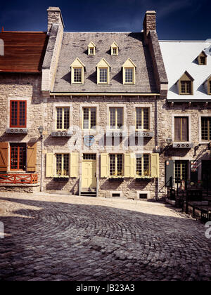 License available at MaximImages.com - Historic architecture of Galerie Place Royale building in Royal Square on a bright sunny day in Old Quebec City Stock Photo