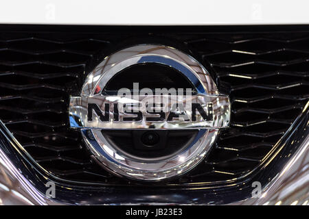 Krakow, Poland, May 21, 2017: Nissan sign close-up during MotoShow in Krakow. Nissan is a famous Japanese multinational automaker. Stock Photo