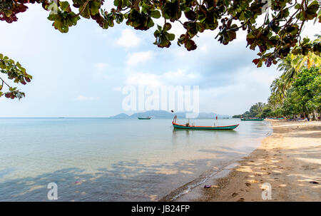 Natural landscape of rabbit island in Kep Beach Cambodia with rocks leaves Stock Photo