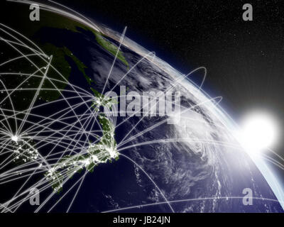 Network concept with sun rising over Japan viewed from space. Highly detailed planet surface with clouds and city lights. Elements of this image furnished by NASA. Stock Photo