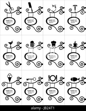 Black and white signboard set, vintage wrought iron, eps10 vector Stock Vector