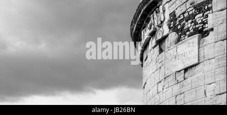 Detail of the ancient roman Tomb of Caecilia Metella along Old Appian Way in Rome (with copy space) Stock Photo