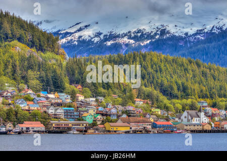 Colorful buildings in the cruise ship port of Ketchikan, Alaska, USA. Stock Photo