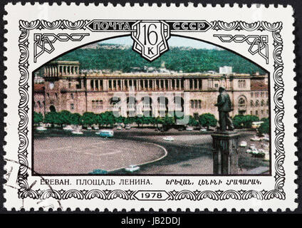 USSR - CIRCA 1978: A postage stamp printed in the USSR shows Armenian landmark - Lenin square in Yerevan, circa 1978 Stock Photo