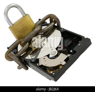 Opened hard disk drive with chain and lock as data protection concept, isolated on white. Stock Photo