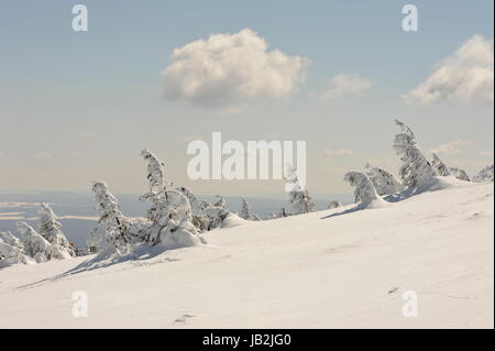 Brocken im Schnee und Eis, Winter,Harz.Misty landscape in Winter Brocken Harz Germany. Stock Photo