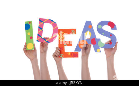 Many Hands Holding the Colorful Word Ideas, Isolated Stock Photo