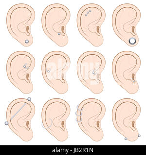 Ear piercings chart - twelve different illustrated examples on white background. Stock Photo