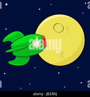 Cartoon illustration showing a rocket hitting the moon straight on Stock Photo