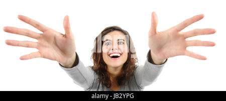 Wide angle view of a woman trying to reach something isolated on a white background Stock Photo