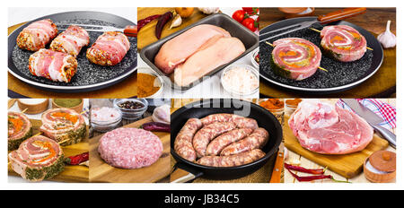 Raw meat rolls on wooden skewers for frying. Studio Photo Stock Photo