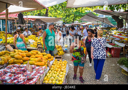 RIO DE JANEIRO - JANUARY 31, 2017: Tropical fruits and vegetables wait for customers browsing the weekly farmer's market in Ipanema Stock Photo