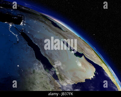 Early morning on Arabian peninsula viewed from space. Highly detailed planet surface with clouds and city lights. Elements of this image furnished by NASA. Stock Photo