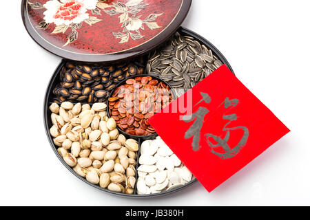 Chinese sytle snack tray and chinese calligraphy, meaning for blessing good luck Stock Photo