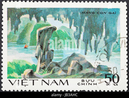 SOCIALIST REPUBLIC OF VIETNAM - CIRCA 1984: A postage stamp printed in the Vietnam shows natural scenery of UNESCO World Heritage grotto Hang Con Gao at Ha Long bay, circa 1984 Stock Photo