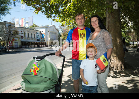 Chisinau, Moldova, family in Moldavian colors on Independence Day Stock Photo