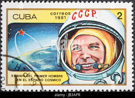 CUBA - CIRCA 1981: A postage stamp printed in the Cuba shows first astronaut Yuri Gagarin, circa 1981 Stock Photo