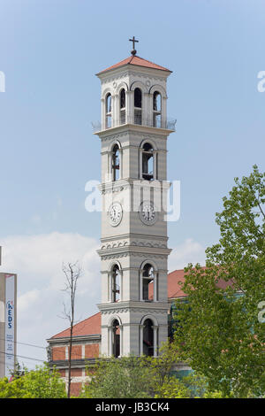 Clock tower of Cathedral of Blessed Mother Teresa, Rruga Justiniani, Pristina (Prishtina), Republic of Kosovo Stock Photo