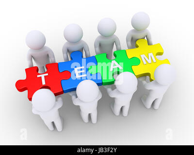 3d people holding puzzle pieces with TEAM letters on them Stock Photo