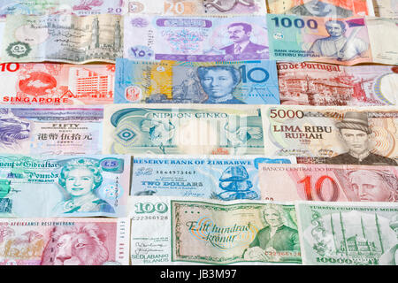 collection of various currencies from countries around the world Stock Photo