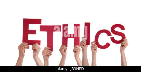 Many Hands Holding the Red Letters Ethics, Isolated Stock Photo