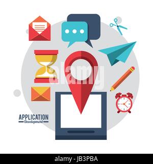 colorful poster application development with smartphone mail clock map pointer Stock Vector