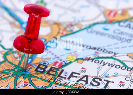 Red pushpin on the Northern Ireland map showing Belfast location Stock Photo