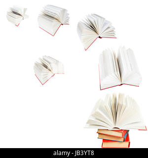 open books fly out of pile of books isolated on white background Stock Photo