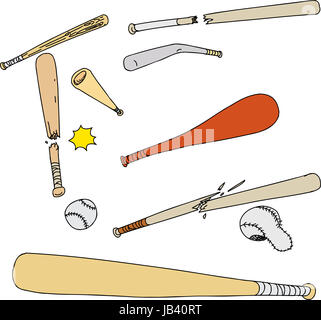 Set of various baseball bats and balls on white background Stock Photo