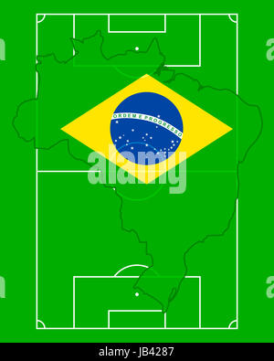 Fußballfeld mit Karte und Fahne von Brasilien