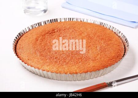 Freshly baked sponge cake in a baking tin Stock Photo