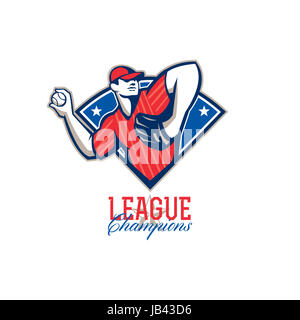 Illustration of a american baseball player pitcher outfielder throwing ball with words League Champions. Stock Photo